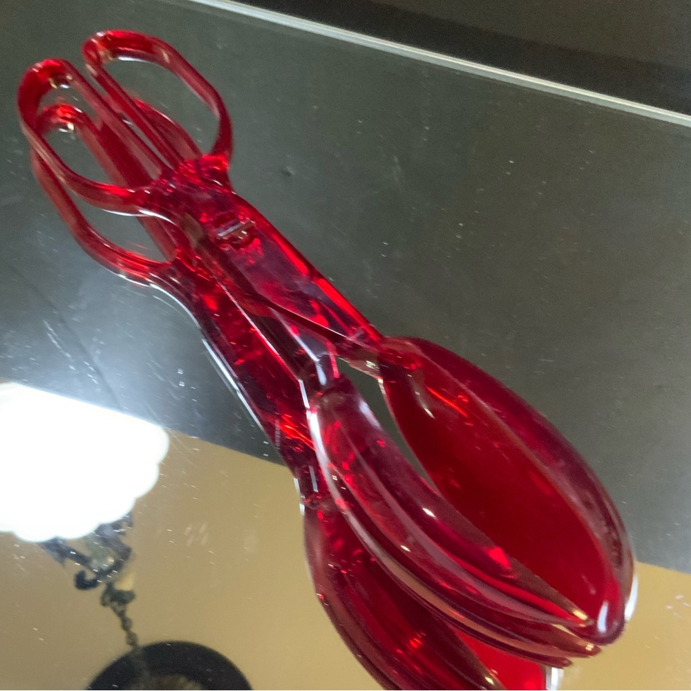 Red Salad Tongs Fork and Spoon Plastic Vibrant Red 11 1/2 in Long NOS #67